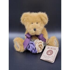 Boyds Bear Plush 8 Inch Head Bean Collection Thanks a Bunch Brown Purple Flowers